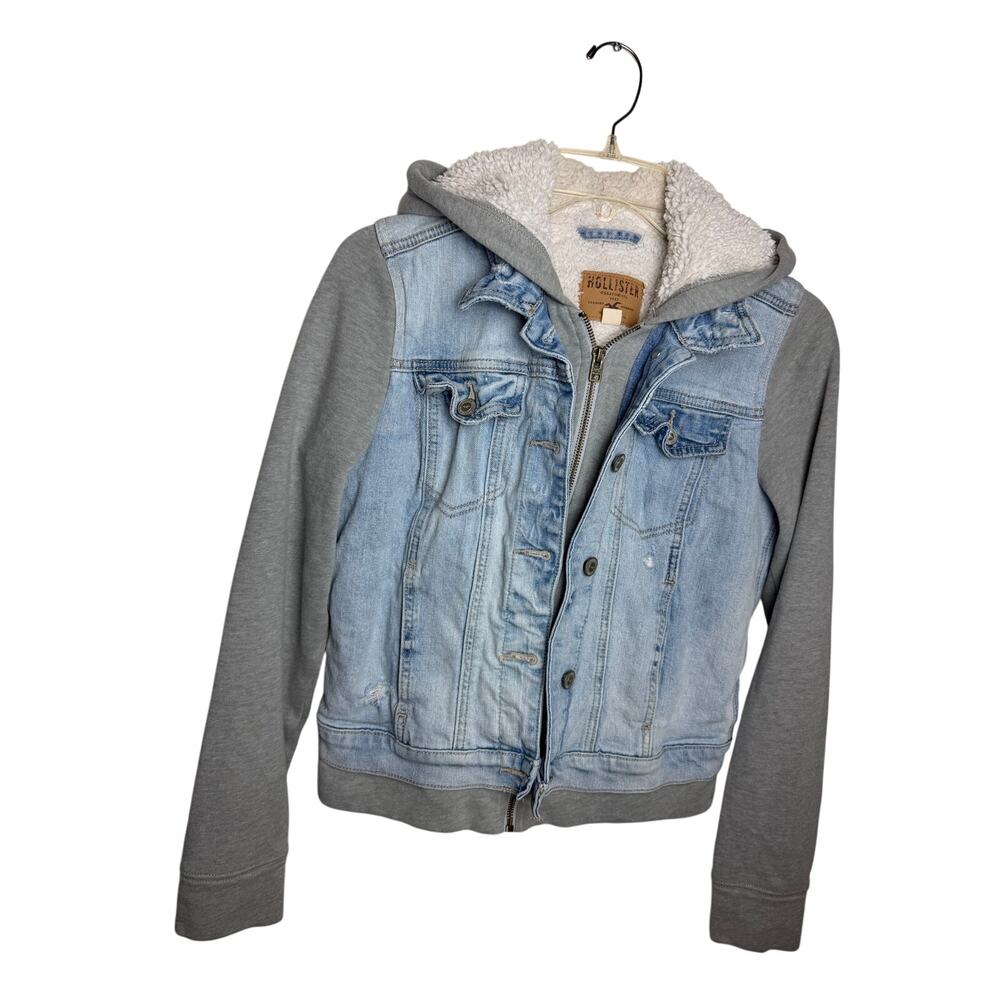 Hollister Women’s Small Denim Sherpa Hoodie Jacket Gray Sweatshirt Sleeves Y2K